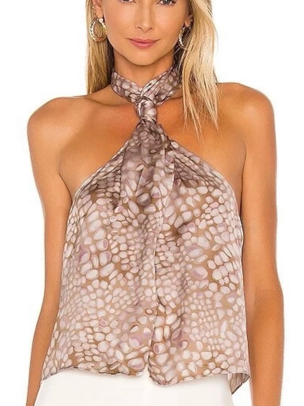 L'Academie Satin Crossover Halter Top in Cream & Taupe